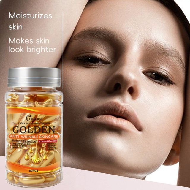 80 Capsules of Facial Anti-Wrinkle Serum, Rich in Vitamins C, E, and Squalane, Moisturizes and Nourishes the Skin, Making It Smooth and Delicate, Packaged in Capsule Form, Hygienic and Portable