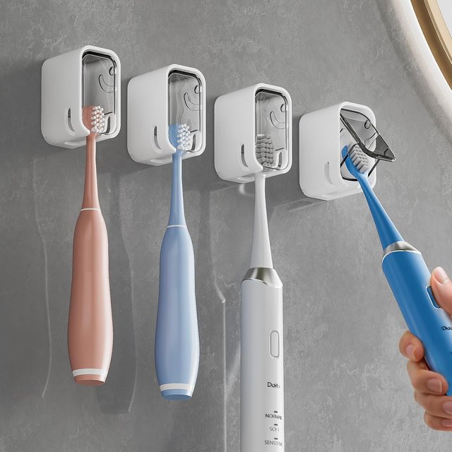 Toothbrush Holder Wall Mounted with Cover for Shower, Bathroom Single Toothbrush Dispenser Storage Organizer for Family & Travel
