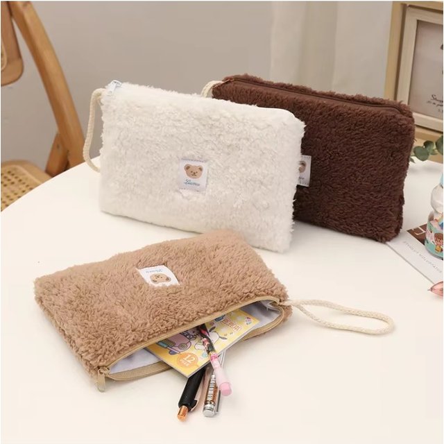 Lamb Hair Cosmetic Bag Cute Bear Plush Storage Makeup Pouch Stationery Bag Large Capacity Travel Cosmetic Bag Makeup Organizer