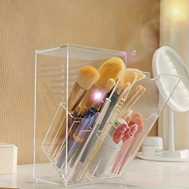 Acrylic Makeup Brush Holder with Slanted Flip-Top Lid Clear Dustproof Cosmetic Brush Tools Organizer with 17 Slots and Bow Decor