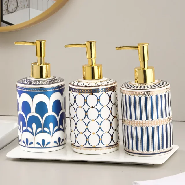 Flacon de lotion en céramique plaqué or, articles de salle de bain, shampoing, gel douche en flacons séparés, distributeur de savon à pompe pour hôtel