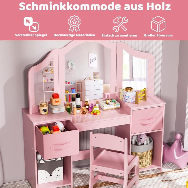 Children's Dressing Table Set,Kids Vanity Table Set,Girls Makeup Dressing Desk Chair,with Removable Mirror,Pink