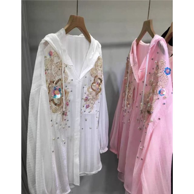 New 2025 Luxury Sparkle Pearls Sequins Stitch Oversize Buttons Up Hooded Sunscreen Shirts Blouses for women Long Sleeve Tops