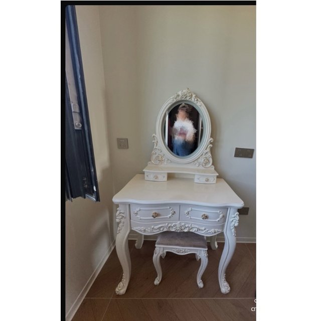 European Dressers Vanity Table Set with Mirror White Makeup Desk with Drawers & Stool - Small Wood Dressing Table for Bedroom