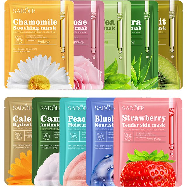 10pcs SADOER Fruit Floral Fragrance Face Mask Moisturizing Anti Wrinkle Hydrating Chamomile Facial Masks Skin Care