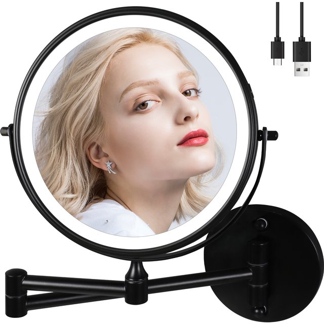 TUSHENGTU 9" Large Black Wall Mount Magnifying Mirror With Light, 3000mAh Rechargeable Lighted Makeup Mirror Wall Mounted Swing