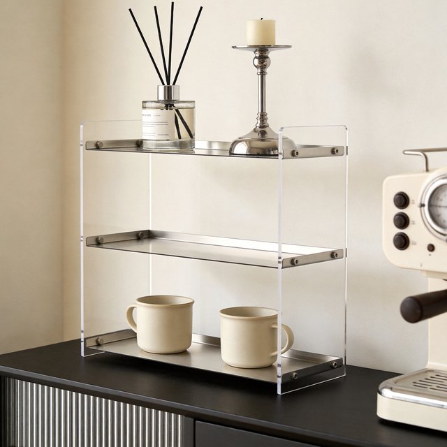 Stainless Steel & Acrylic Desktop Organizer, Cup Holder, Cosmetic Rack Brushed Stainless Steel + Acrylic Shelf. For Bathroom, Kitchen, Vanit