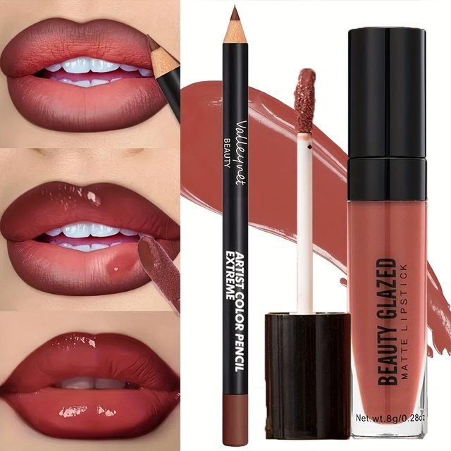 2pcs/set Velvet Finish Lip Makeup, Includes Lip Liner and Lip Gloss - Waterproof, Long-Lasting Matte Look