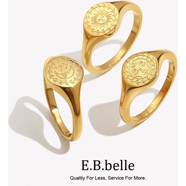 E.B.belle – bague plaquée or, Expression faciale créative aigravée de lune, soleil, étoile, sans ternissement, chevalière de déesse en acier inoxydable
