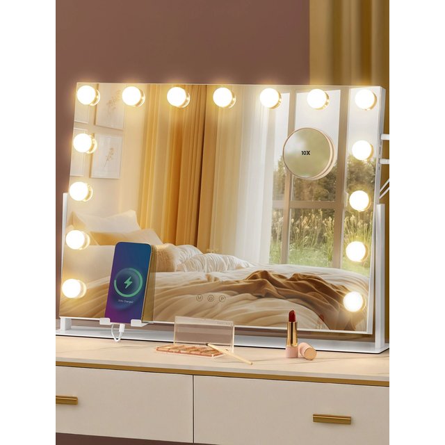 SONGMICS Vanity Makeup Mirror with Lights, Touch Control, 15 Dimmable LED Bulbs, Detachable 10X Magnifying Mirror