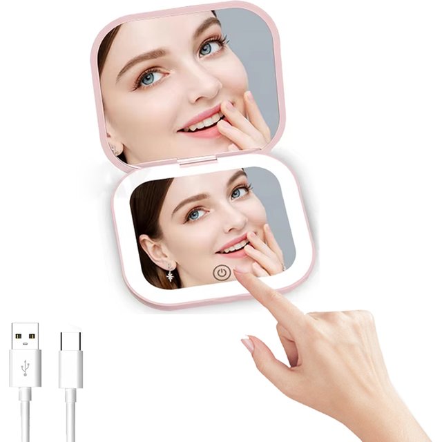 2X Magnifying Compact Vanity Makeup Mirror with Lights Travel Mini Folding Portable Handheld Pocket LED Cosmetic Mirror for Gift
