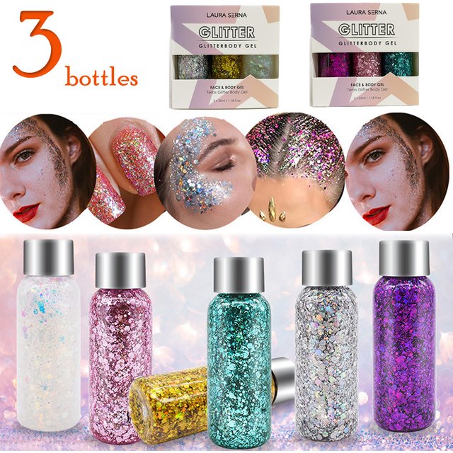 3 Bottles Glitter Makeup Face Hair Body Glitter Gel Lasting Sparkling Liquid Eye Shadow For Festival Party Glitter Bar Makeup