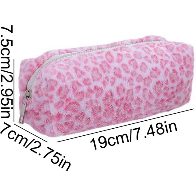 Soft Leopard Print Plush Pencil Case Portable Zipper Stationery Bag Lightweight Cosmetic Pouch For Travel School Daily Storage