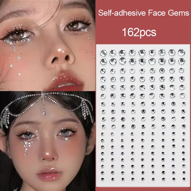 162pcs Self-Adhesive Face Gems for Makeup, Festival Jewels, Hair Gems, Face Rhinestone Stick On for Hair Gems Makeup Sticker