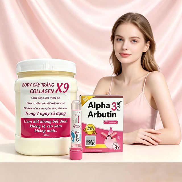 X9 Body Cấy Trắng Colagen Hộp Kem Hu X9 Thai Whitening Trio Set with Whitening Body Cream and 45ml Serum and Brightening Powder