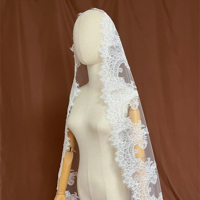 Two Layers Mantilla Wedding Bridal Veils Lace Trim With Comb Blusher White Ivory Tulle Accessories For Brides Cathedral Long