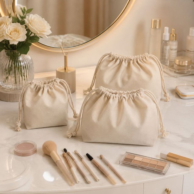 Portable Canvas Drawstring Cosmetic Bags Reusable Soft Makeup Pouch Travel Storage Bags for women