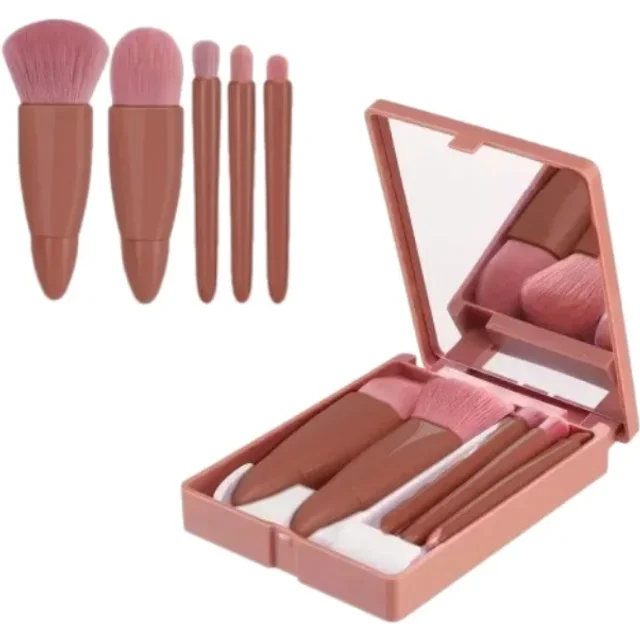 5PCS Cosmetic Brush Set Portable Makeup Brush Travel with Mirror Box Makeup Brush Loose Powder Brush Blush Brush Eyeshadow Brush