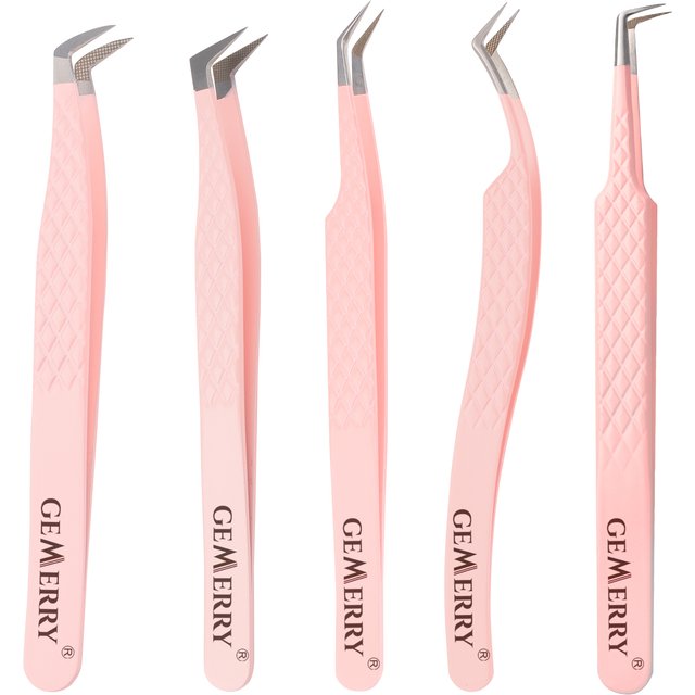Gemerry 1 pcs Pink Stainless Steel Tweezers Eyelash Extensions High Precision Anti-static Tweezers with Fiber Tips Makeup Tools