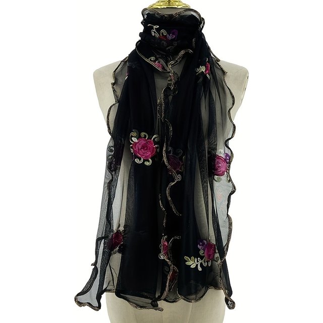 Vintage Flower Embroidered Scarf Elegant Ruffle Thin Breathable Shawl Casual Outdoor Sunscreen Decorative Bandana Muslim Hijib