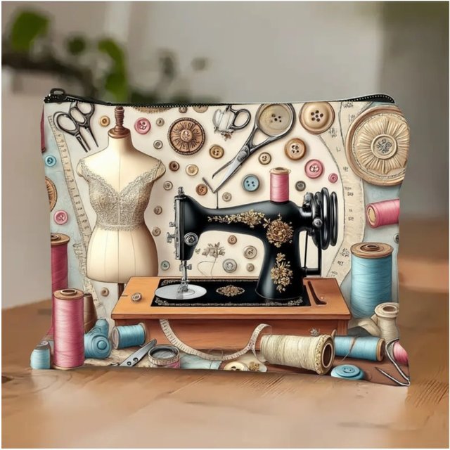 Vintage Sewing Machine&Fabric Printing Cosmetic Bag Zippered Makeup Organizer Pouch Lightweight Foldable Travel Case Storage Bag