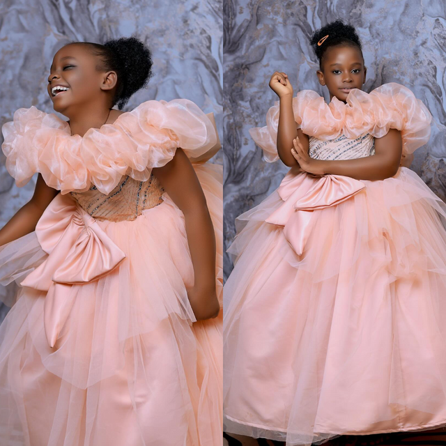 Blush rose filles robes de fête d'anniversaire litière princesse robe de fille de fleur pour mariage arc perles personnalisé enfants robe de bal