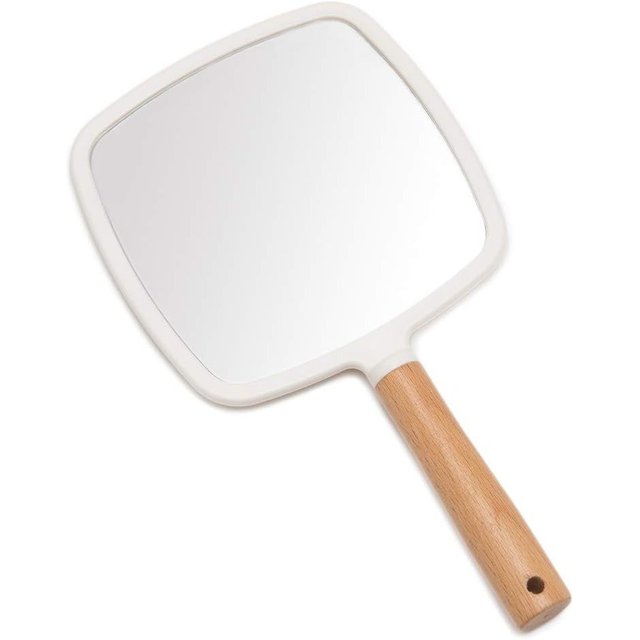 1 pc Hand Held Mirror with Handle for Makeup Wood Hand Mirror for Shaving with Hole Hanging Portable Travel Vanity Mirror