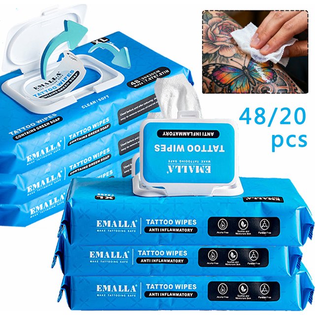 48/20pcs EMALLA Tattoo Cleansing Green Soap Wipes Tattoo Wipes Contains Green Soap Permanent Makeup Tattoo Cleaning Accessories