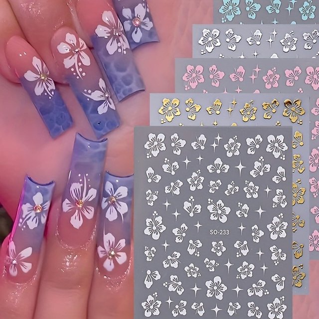 6pcs Spring/Summer hibiscus nail stickers, easy to apply for DIY nail decoration, gifts, party and wedding makeup styling
