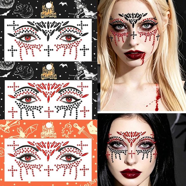 1/3Pcs 3D Halloween Face Eye Jewels Sticker Red Black Cross Blood Drop Crystal Tattoos Decal Dark Style Facial Makeup Supplies N