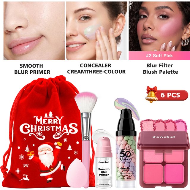 6Pcs Blur Primer 3‑Color Concealer Cream 4‑Shade Blush Palette Beauty Sponge Xmas Drawstring Bag Face Makeup Christmas Gift