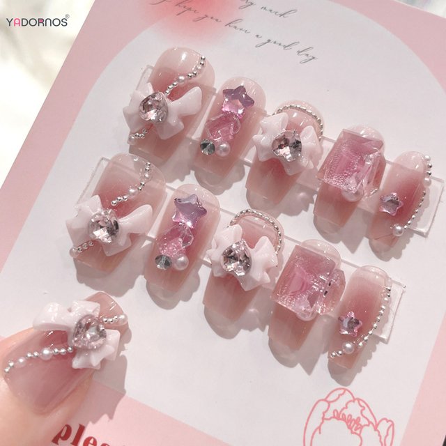 Blush rose faux ongles nœud papillon diamant perle conception 3D presse sur les pointes d'ongles