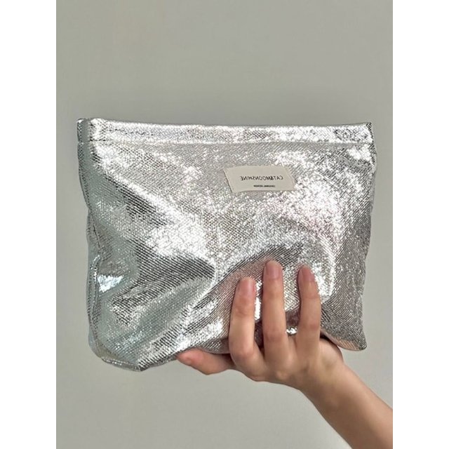 Portable Shiny Sequins Makeup Bag Silver Solid Color Cosmetic Bag Champagne Toiletries Skincare Storage Bag