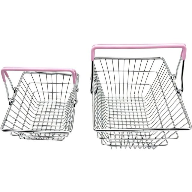 1pc Simple Metal Wire Mini Shopping Basket 2 Sizes Available with Handle Desktop Storage Basket Metal Wire Basket Makeup Storage