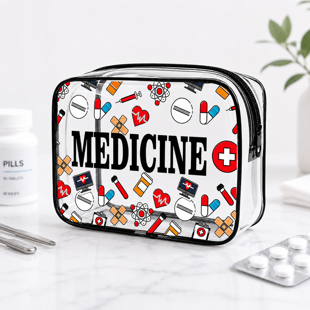 Medicine Storage Bag Clear Printed PVC First Aid Organizer Travel Medicine Pouch Toiletry Case Emergency Kit Cosmetic Bag