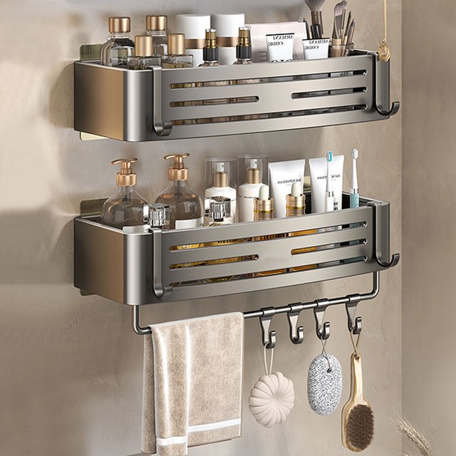 Étagère d'angle de douche sans perçage, étagère de salle de bain en aluminium avec porte-serviettes, porte-shampooing, support de toilette, accessoires de salle de bains