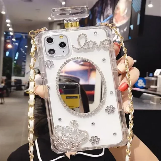 Juste de sac à main en forme de bouteille de parfum en cristal de diamant, jolie perle, étui pour iPhone 16 Pro, 15, 14, 13, 12, 11 Pro Plus MAX
