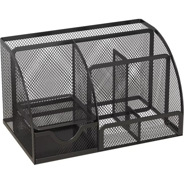 7 Compartment Mesh Desk Organizer with Drawer, Metal Pen Holder Office Supplies Storage for Home Office School Makeup Brushes