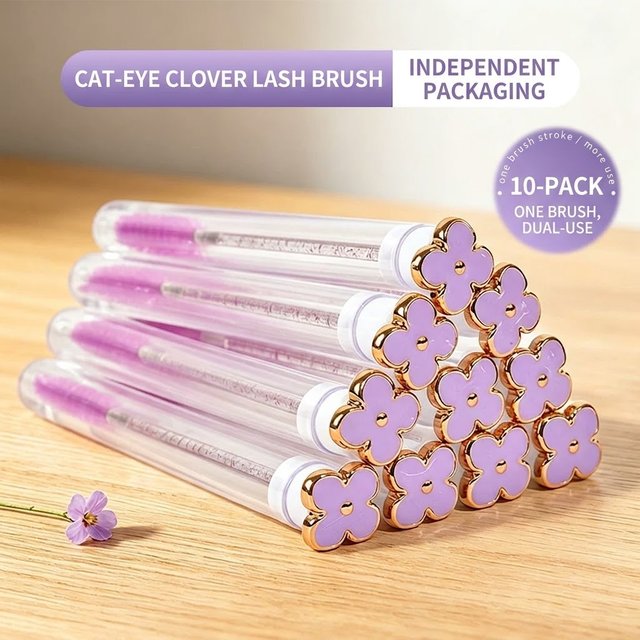 10pcs/Pack Women Lash Wands in Tubes Clover Cat Eye Eyelash Extension Spoolie Brushes with Replaceable Heads for Brows & Makeup