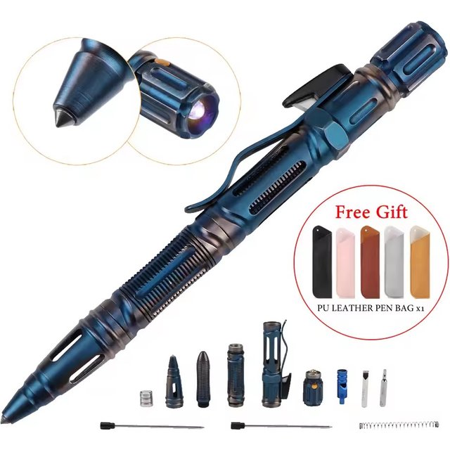 Stylo tactique d'auto-défense EDC multifonction 7 en 1, avec lumière Led d'urgence, sifflet de survie en plein air, brise-verre
