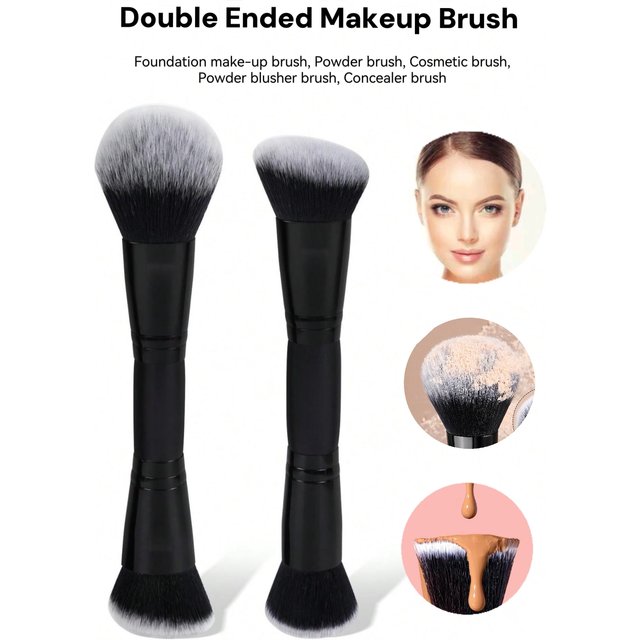 Double-Ended Foundation Brush, Two Black-Bottomed White-Headed Soft-Bristled Contouring Brushes, Loose Powder Brush, Beauty Tools