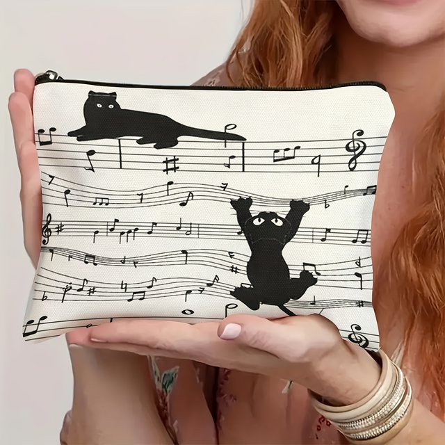 Makeup Pouch with Cat and Music Notes Design Hypoallergenic Cosmetic Bag for women Cosmetic Bag Toiletry Bag, Pencil Case
