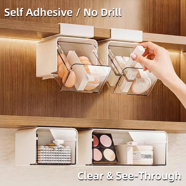Large Capacity Transparent Plastic Makeup Organizer Drawer Style Storage Box Self Adhesive Space Saving for Home Garden