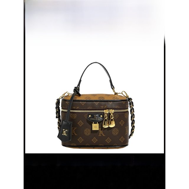 Brown Leather Makeup Bag Women's Crossbody Shoulder Bag Soft PU Material Geometric Pattern Compact Size Fashionable Design