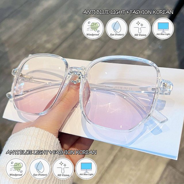Fashion Korean Glasses Y2K Gradient Pink Blush Lens Transparent Large Square Eyewear Women Students