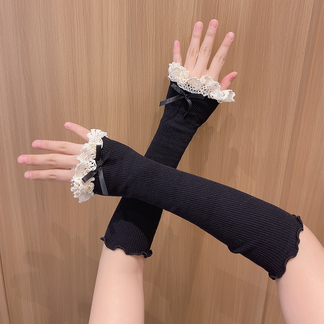 Sunscreen Lace Bow Warm Ruffle Arm Sleeves for women Sweet Cuff Elbow Fingerless Long Sleeves Costume Accessories