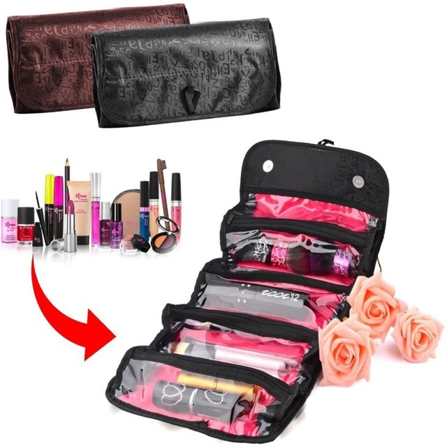 Large Capacity 4-Layer Roll-up Travel Storage Bag Foldable Toiletry Organizer Cosmetic Makeup Bag Pouch with Hanging Hook
