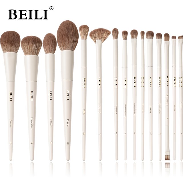 BEILI 15 PCS Makeup Brush Sets Beige Synthetic Hair Brush Foundation Contour Eyeshadow Eyeliner Blush Blending Highlight Brush
