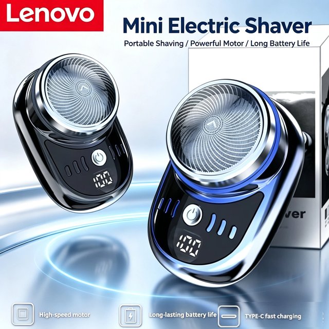 Lenovo Electric Shaver Portable Mini for men Pocket Travel Razor Wireless Detachable Beard Trimmer Type‑C Fast Charging Digital