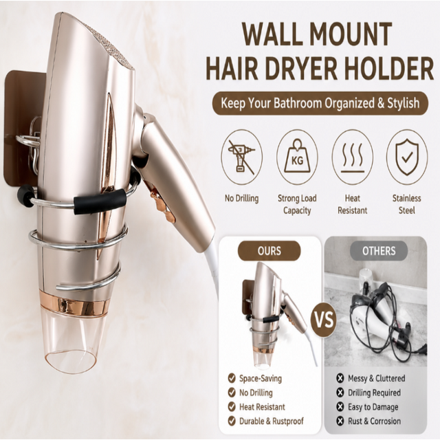 Multi Functional Bathroom Hair Dryer Holder, No Punching Hair Care Tool Holder, Adhesive Wall Mounted Hair Salon Tool